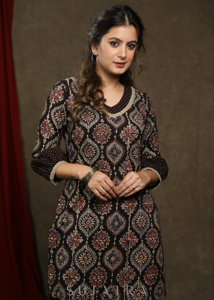 Elegant black cotton ajrakh tunic with beautiful combination on yoke and sleeves