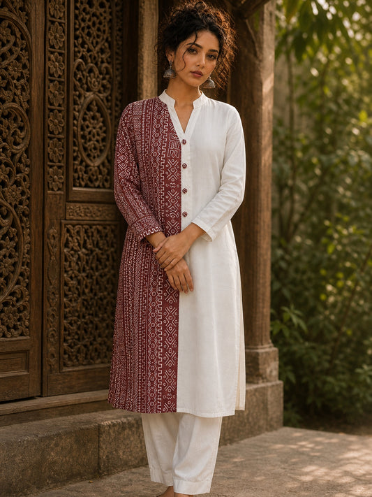 Vivid Dusty Pink & Ivory Half & Half Kurta with Tribal Print Panel & Contrast Button Placket