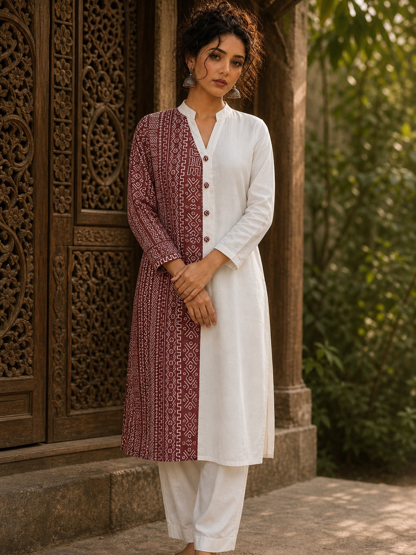 Vivid Dusty Pink & Ivory Half & Half Kurta with Tribal Print Panel & Contrast Button Placket
