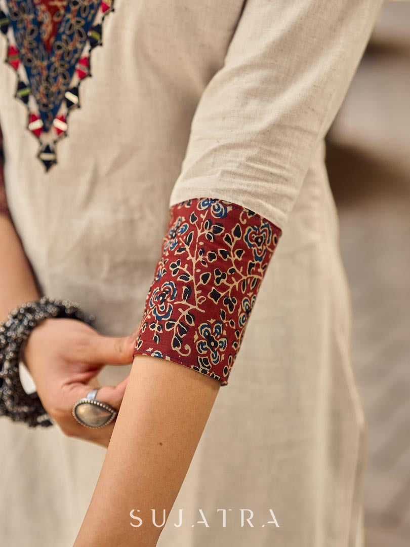 Heritage Ivory Cotton Flex Kurta with Ajrakh Printed Yoke & Intricate Hand Embroidery
