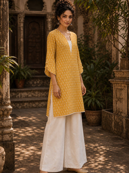 Radiant Mustard All-Over Booti Print Viscose Short Kurta with Pearl Studded Neckline & Hakoba Yoke