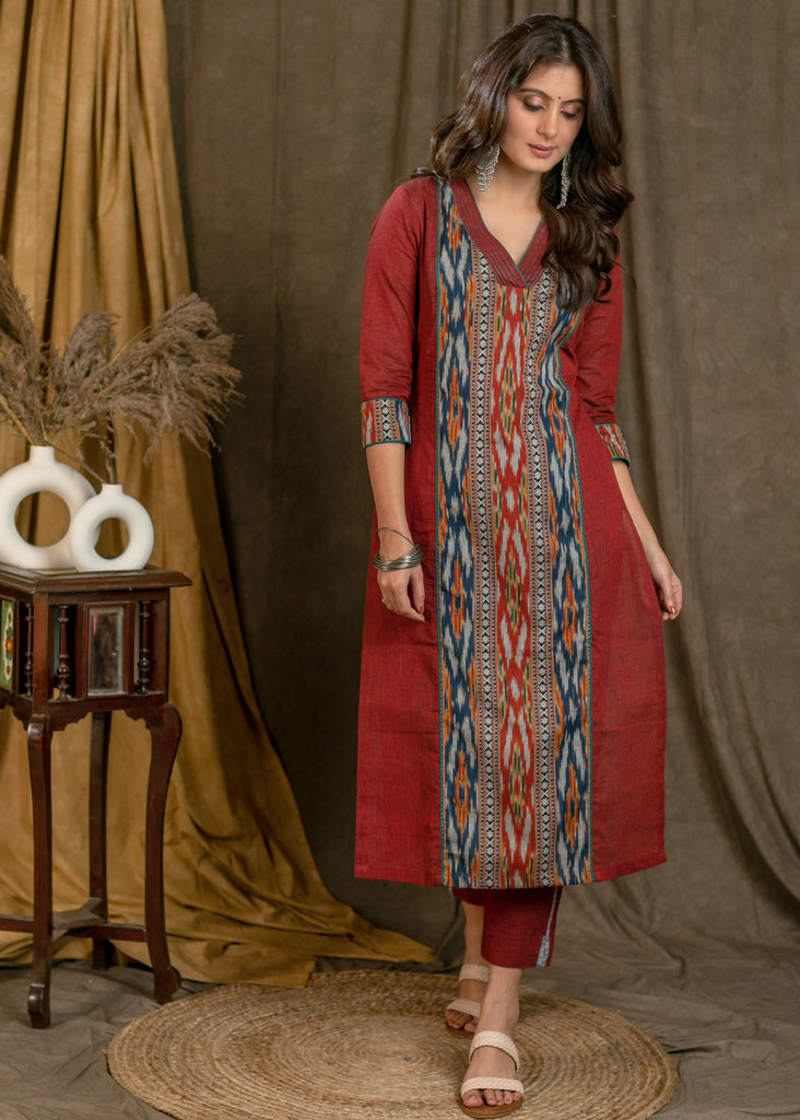 Beautiful Cotton Maroon & Navy Blue Ikat Combination Straight Cut Kurta - Pant Optional