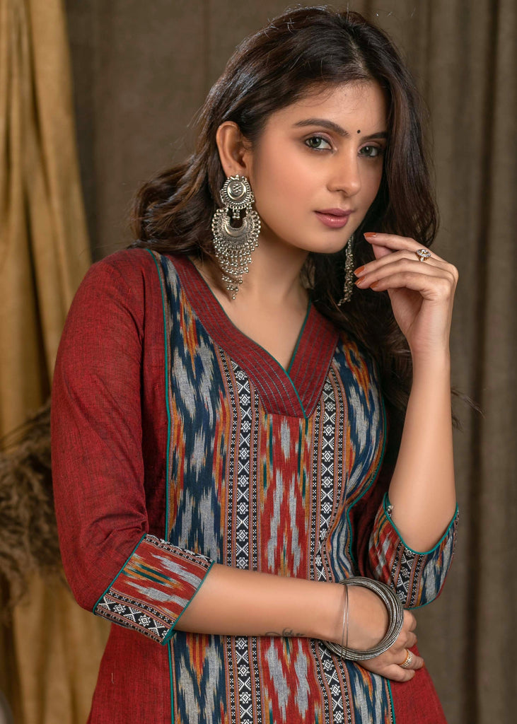 Beautiful Cotton Maroon & Navy Blue Ikat Combination Straight Cut Kurta - Pant Optional