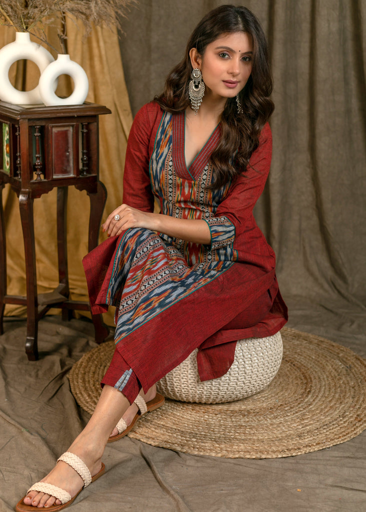 Beautiful Cotton Maroon & Navy Blue Ikat Combination Straight Cut Kurta - Pant Optional