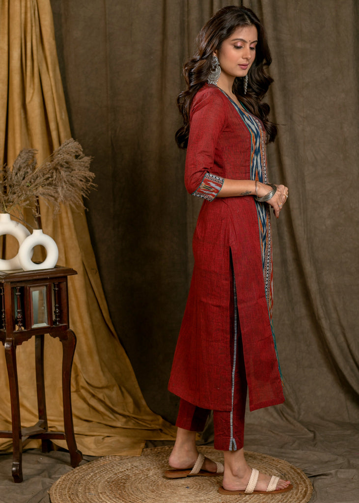 Beautiful Cotton Maroon & Navy Blue Ikat Combination Straight Cut Kurta - Pant Optional