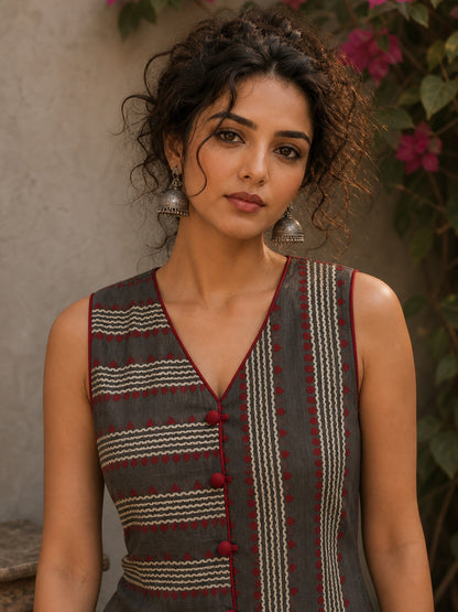 Distinctive Grey and maroon hand block print top featuring bold striped motifs, an asymmetric overlap silhouette, and artisanal detailing, bringing contemporary charm to effortless everyday dressing.