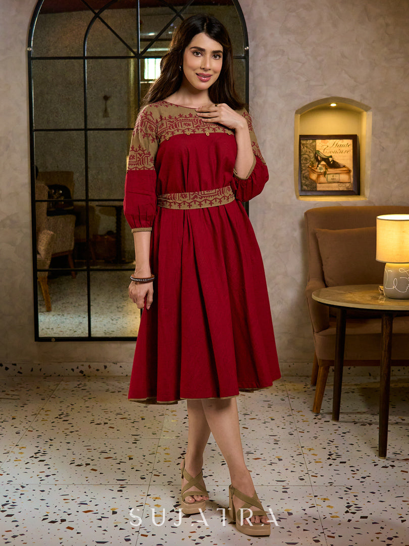 Classic Maroon & Beige Cotton Dress with Jamdani Inspired Hand Block Printed Border and Tie-Up Belt