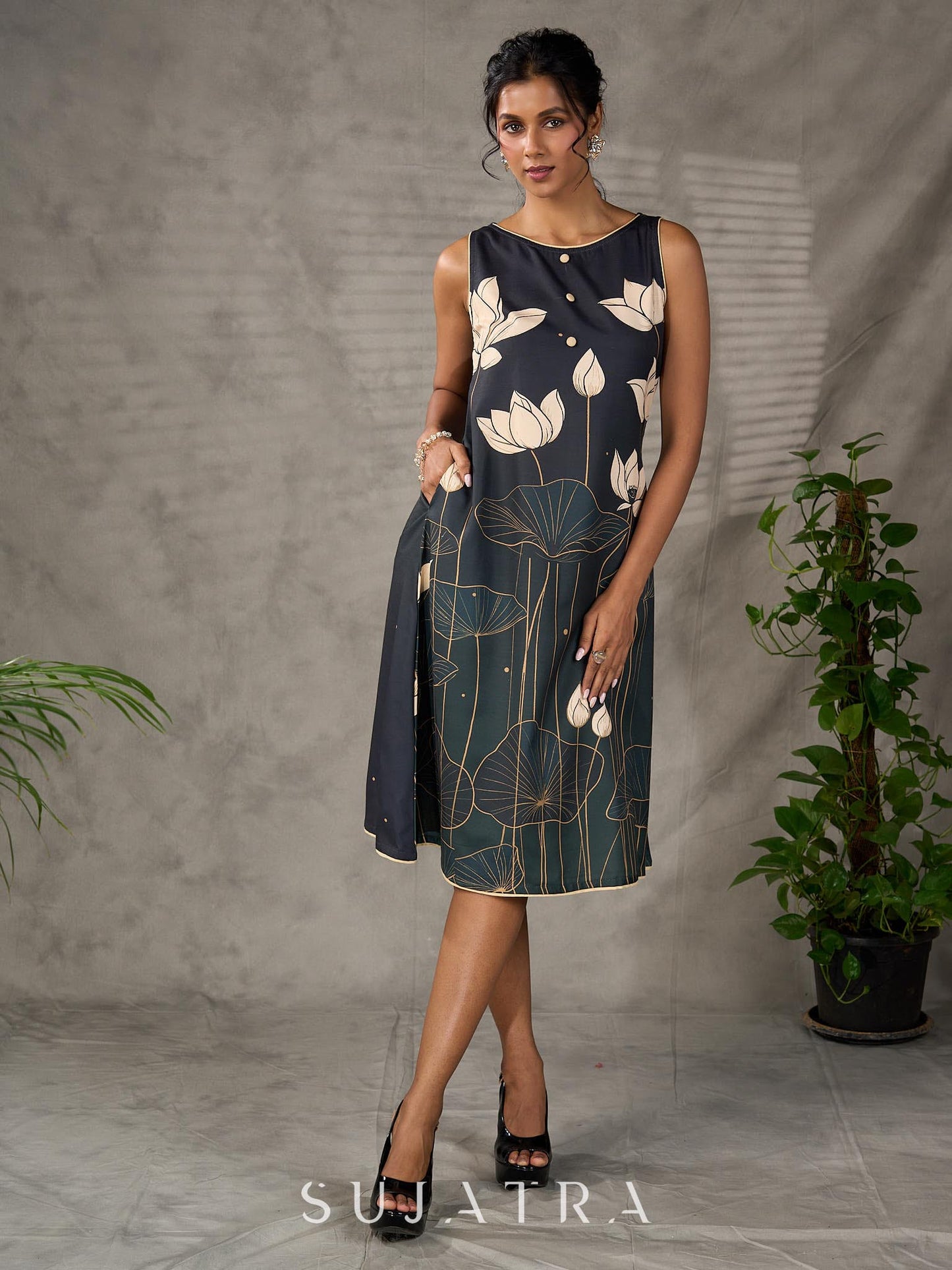 Bottle green and beige Pichwai lotus printed dress with beige accents