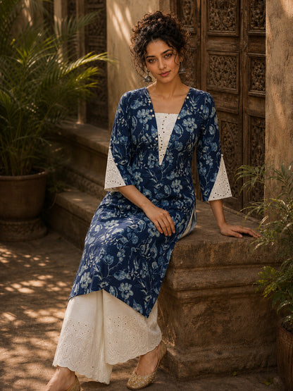 Bold Navy Blue Floral Print Kurta with Ivory Hakoba Cuffs & Pearl Embellished Placket
