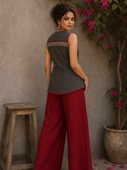 Distinctive Grey and maroon hand block print top featuring bold striped motifs, an asymmetric overlap silhouette, and artisanal detailing, bringing contemporary charm to effortless everyday dressing.