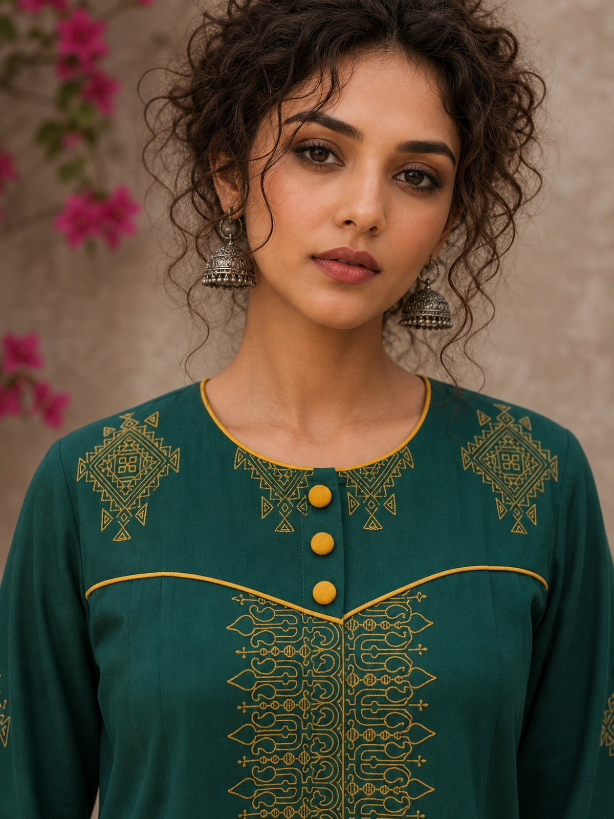 Enchanting bottle green tunic featuring a refined, rhythmic Block print motifs, vibrant mustard accents, and a graceful aesthetic. - Pant Optional