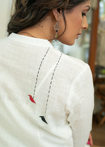 Trendy White Cotton Kurta with Painted Motif on Placket - Pant Optional