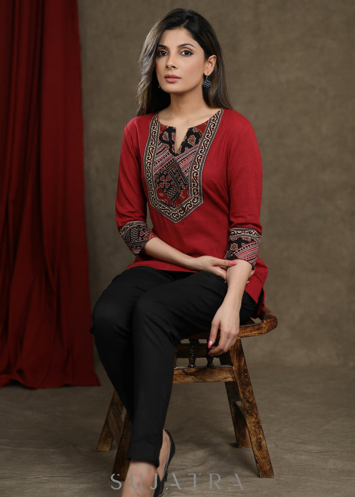 Maroon Ajrakh Patchwork Combination Cotton Top