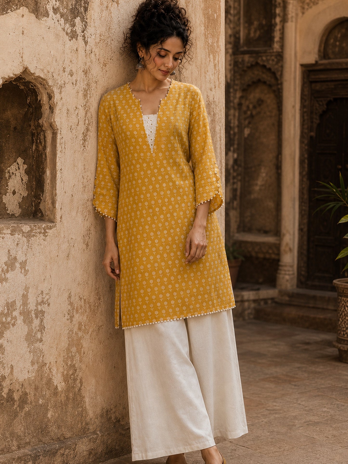 Radiant Mustard All-Over Booti Print Viscose Short Kurta with Pearl Studded Neckline & Hakoba Yoke