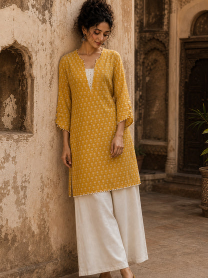 Radiant Mustard All-Over Booti Print Viscose Short Kurta with Pearl Studded Neckline & Hakoba Yoke