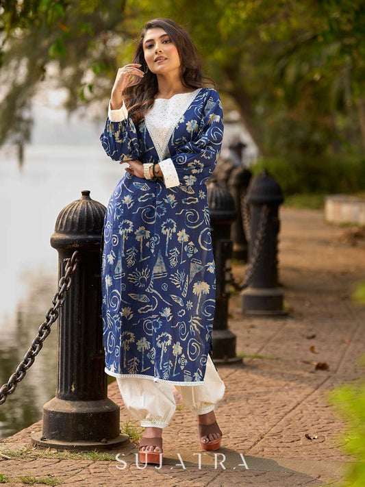 Indigo Statement Kurta with Intricate Hakoba Panel and Delicate Mirror Work