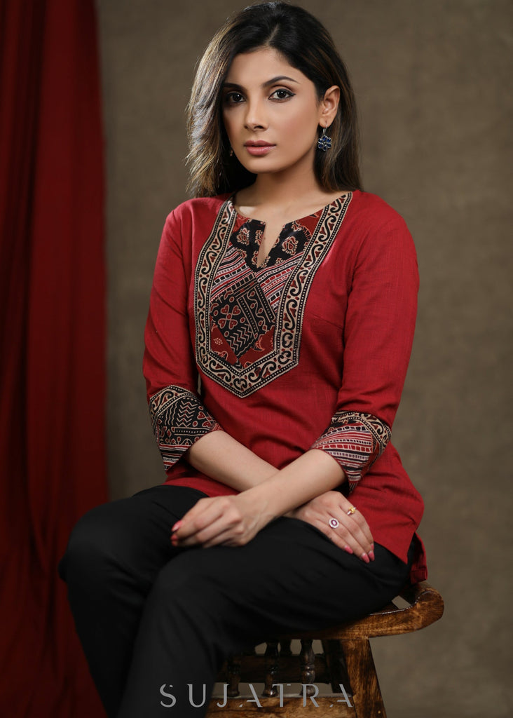 Maroon Ajrakh Patchwork Combination Cotton Top