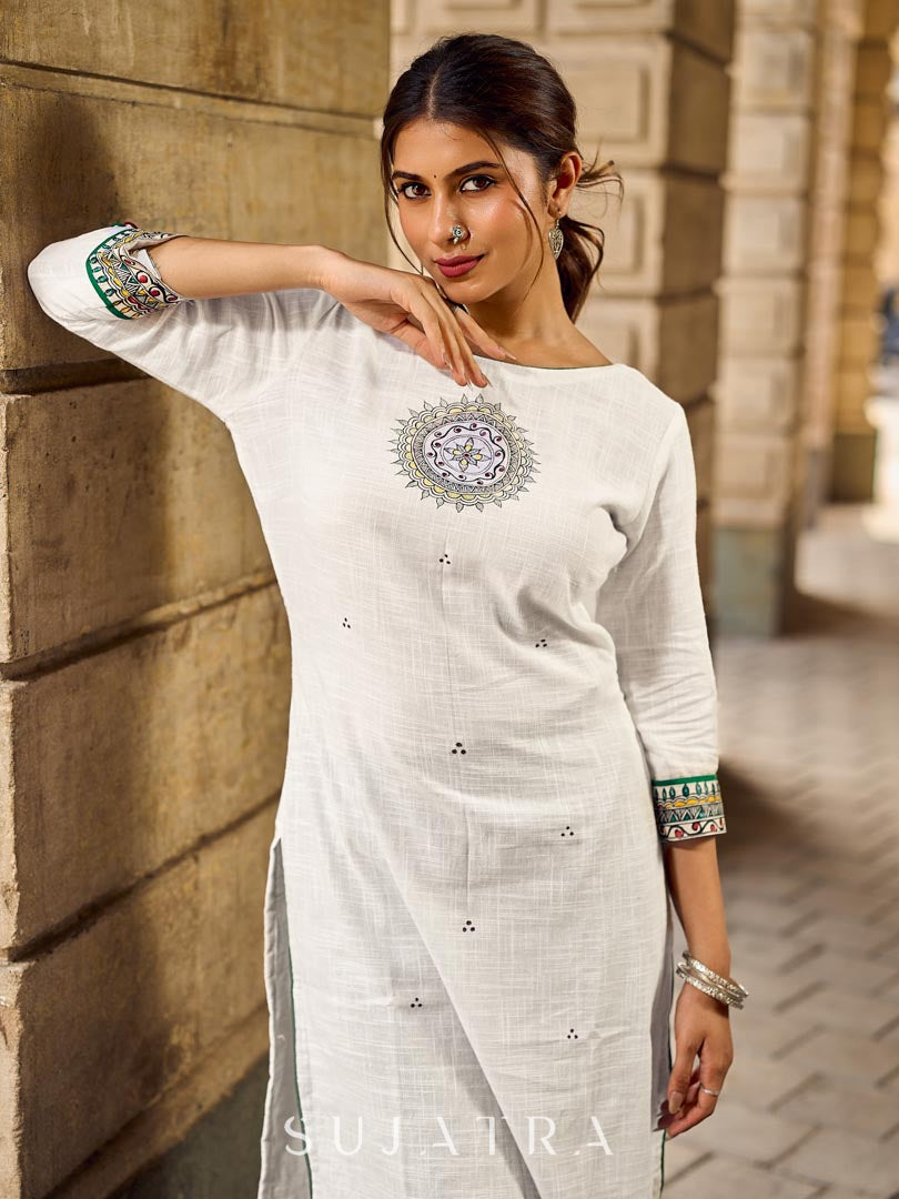 Cultural White Cotton Kurta with Traditional Madhubani Painting on Front & Sleeves