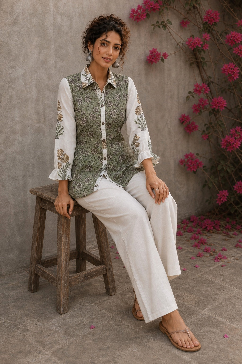 Off-white cotton shirt with pastel green Jaipur jaal print body and contrasting motif-printed sleeves.