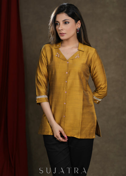 Mustard Cotton Silk Top with Elegant Stone Work