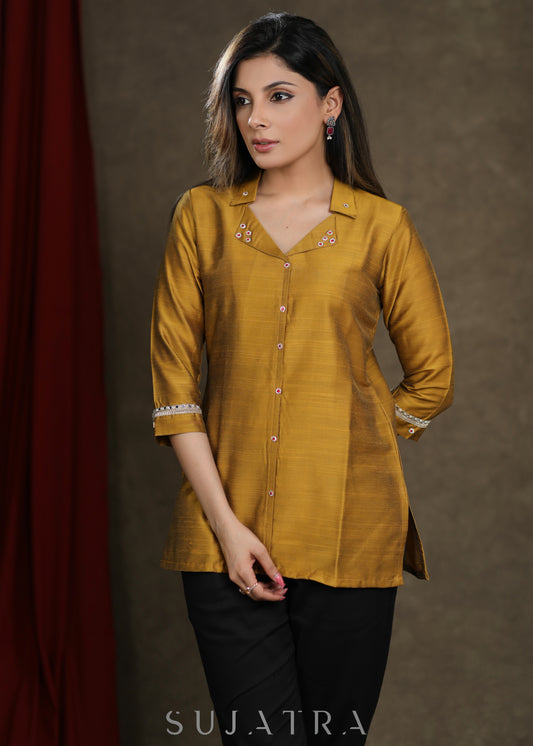 Mustard Cotton Silk Top with Elegant Stone Work
