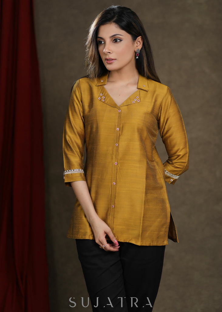 Mustard Cotton Silk Top with Elegant Stone Work