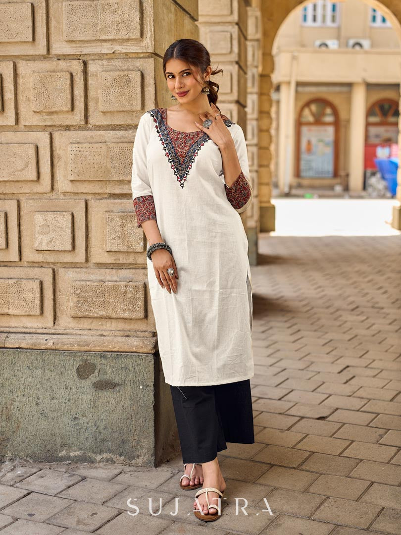 Heritage Ivory Cotton Flex Kurta with Ajrakh Printed Yoke & Intricate Hand Embroidery