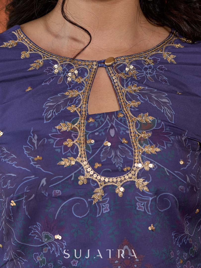 Stunning royal blue printed kurta adorned with handcrafted zardozi and sequin detailing on the keyhole neck. - Pant Optional