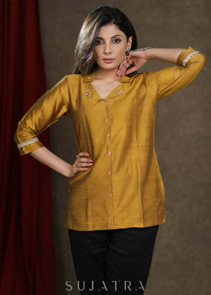 Mustard Cotton Silk Top with Elegant Stone Work