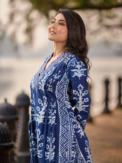 Indigo Floral Kurta with Playful Stripe Print and Magenta Hand Mirror Work on Overlapping Neckline
