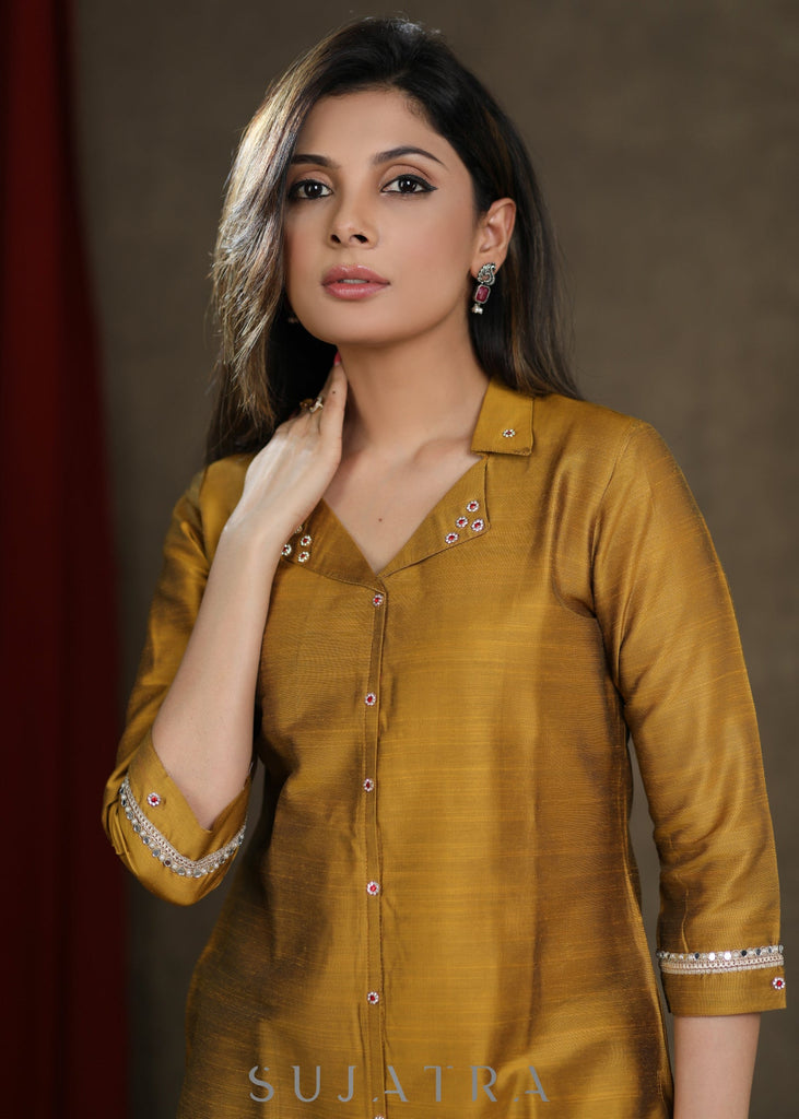 Mustard Cotton Silk Top with Elegant Stone Work