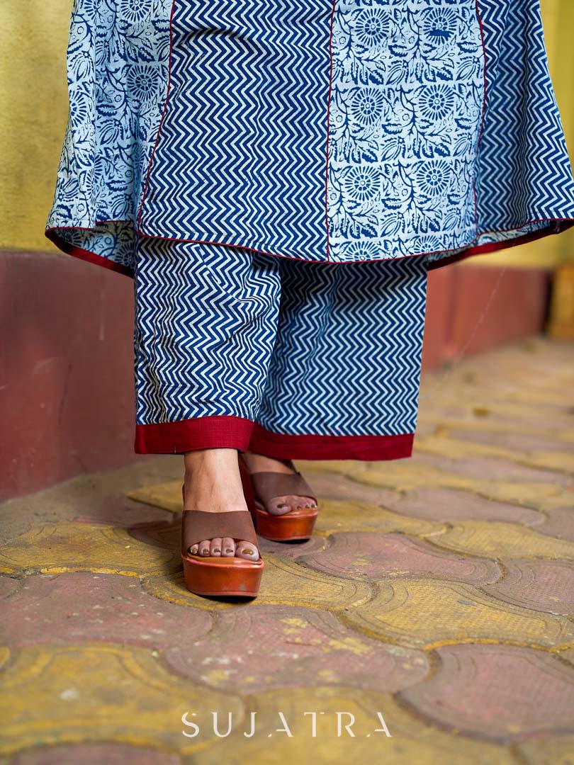 Indigo Alternating Kali Kurta with Floral & Zigzag Prints, Maroon Accents and Handcrafted Mirror Work