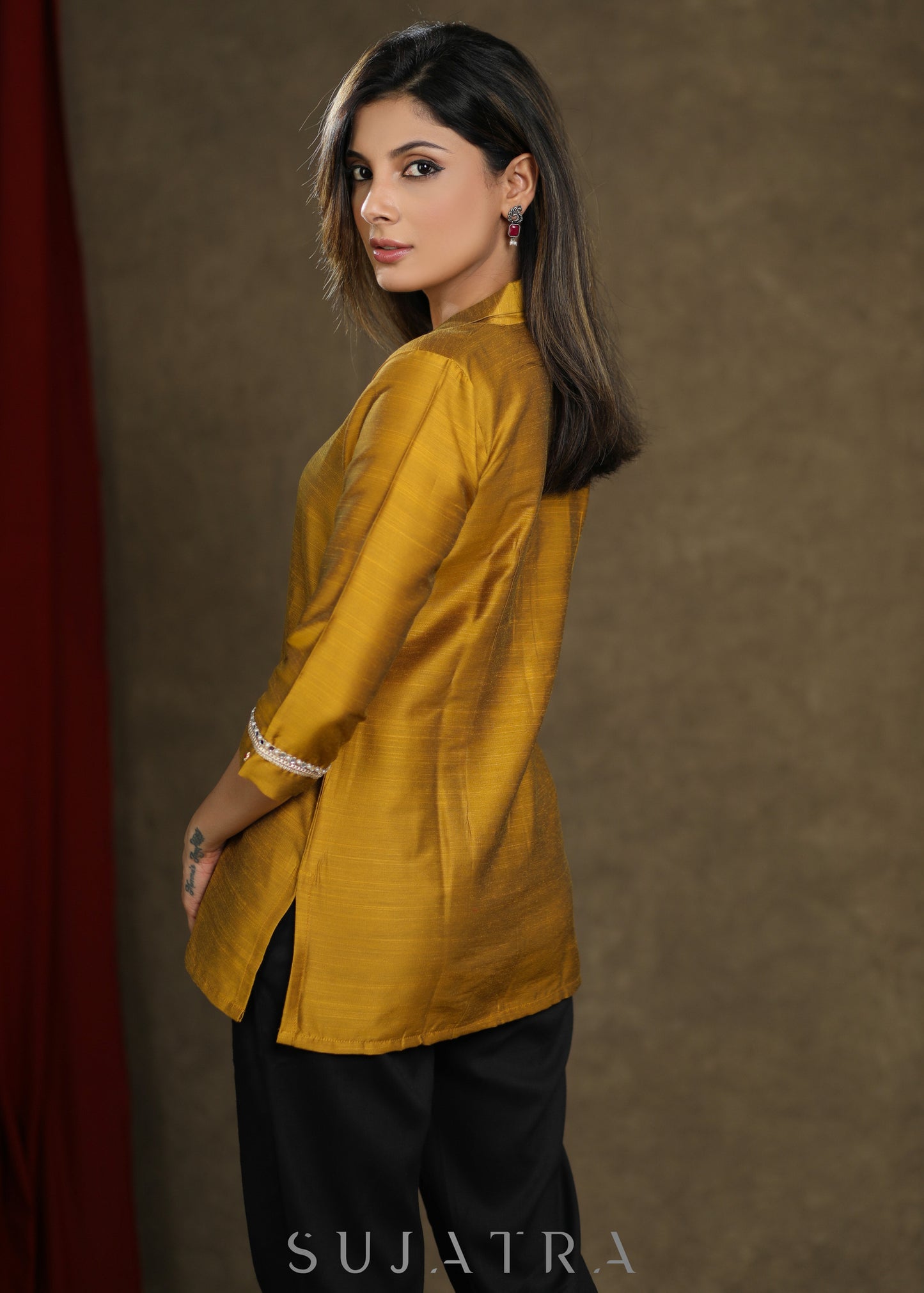 Mustard Cotton Silk Top with Elegant Stone Work