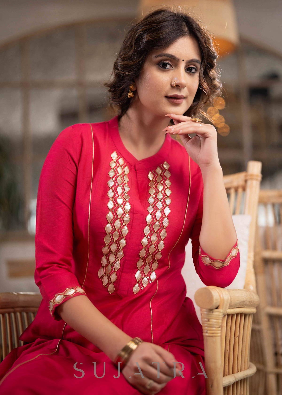 Exclusive Magenta Cotton Silk Kurta With Gota Work On Yoke & Sleeves - Pant Optional