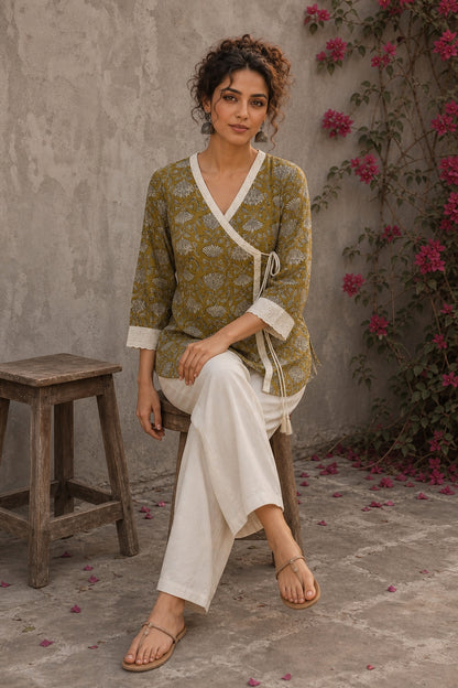 Mustard Jaipur cotton wrap-style Angarkha top with off-white Hakoba cuffs and graceful contrast accents.