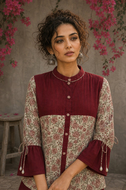 Graceful Jaipur printed floral shirt with maroon pintuck detailing, drawstring sleeves, and effortless feminine charm.