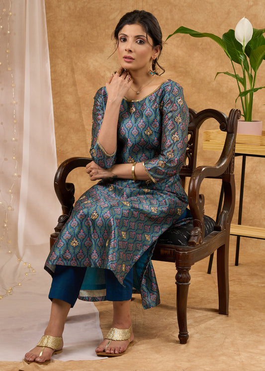 Exclusive hand embroidered Chanderi kurta with exquisite print  - Pant optional