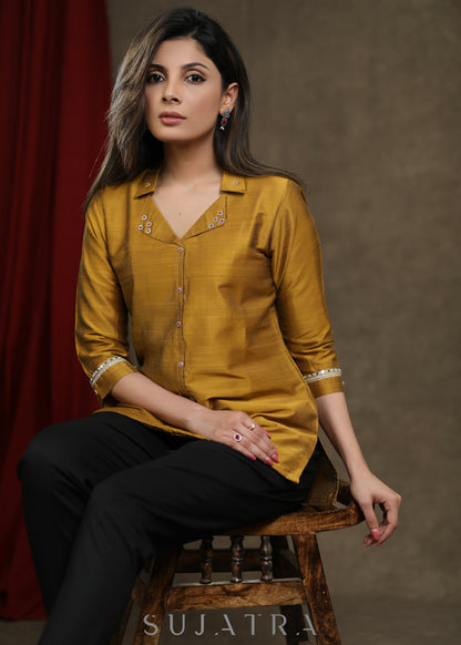 Mustard Cotton Silk Top with Elegant Stone Work
