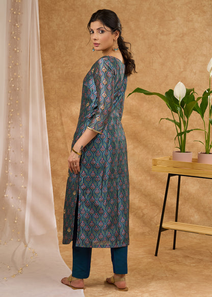 Exclusive hand embroidered Chanderi kurta with exquisite print  - Pant optional
