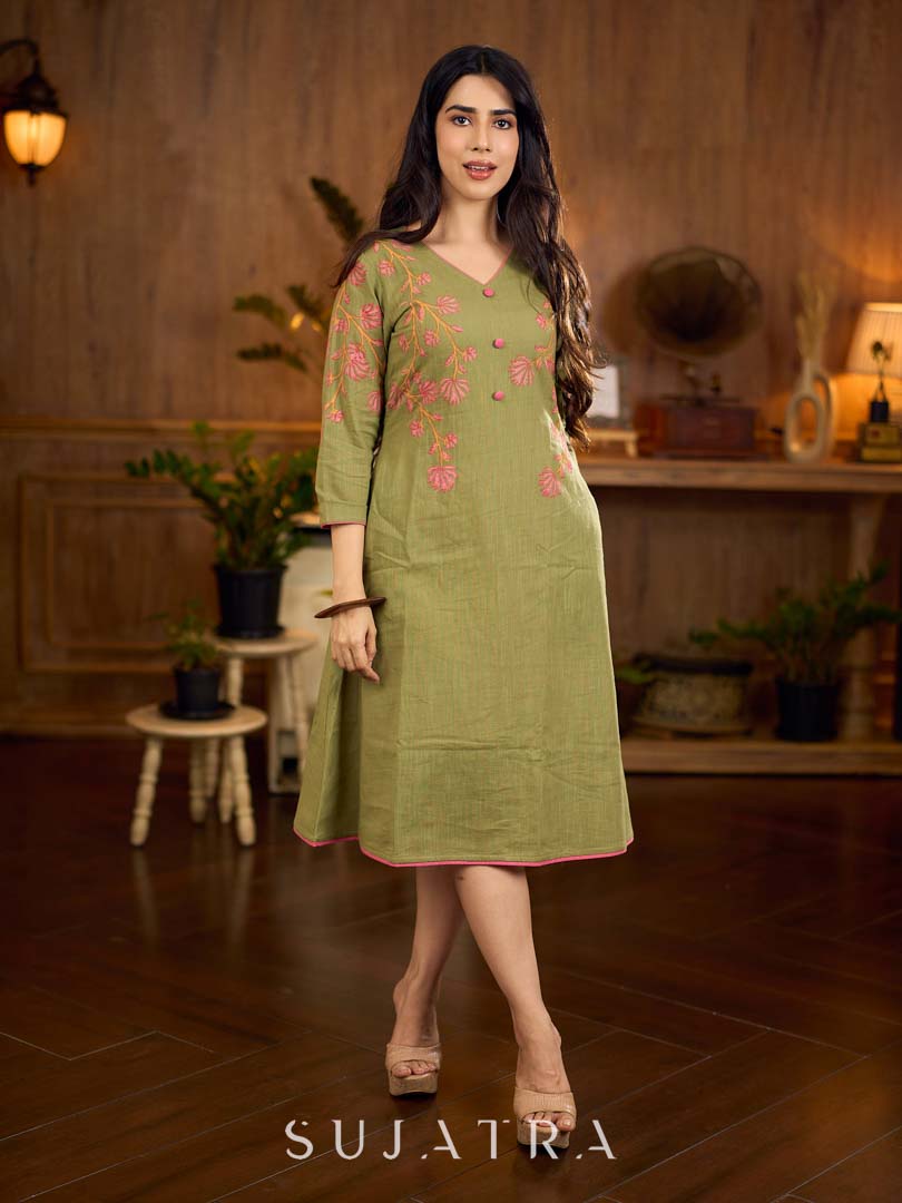 Muted pista hand block printed dress with delicate cascading hand block floral motifs and soft pink accents for a graceful, elegant, and refreshing everyday look.
