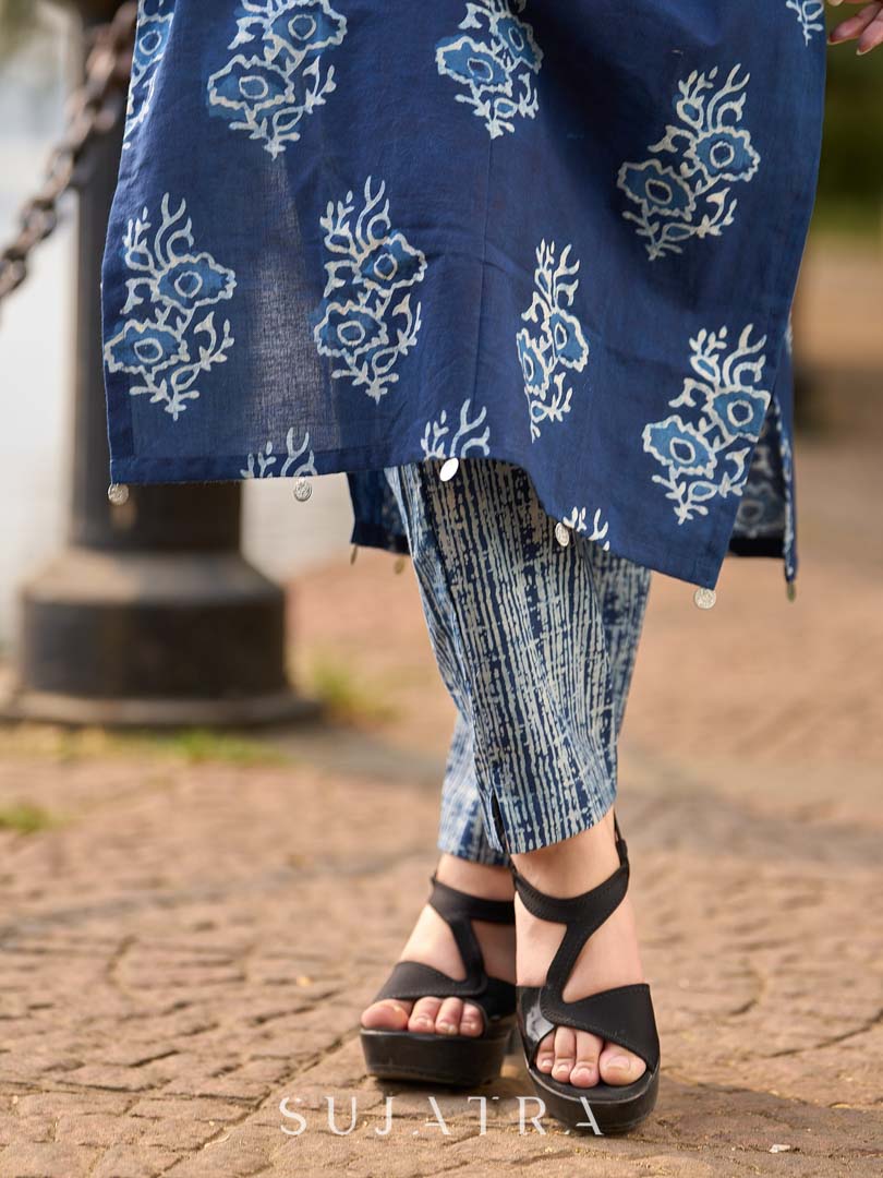 Indigo Bloom Print Kurta with Asymmetric Stripe Panel and Coin Embellishments