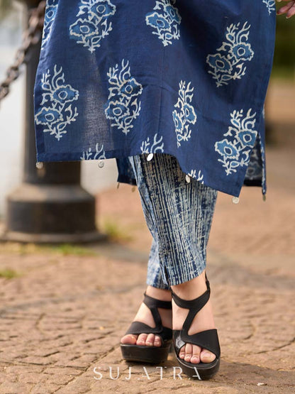 Indigo Bloom Print Kurta with Asymmetric Stripe Panel and Coin Embellishments