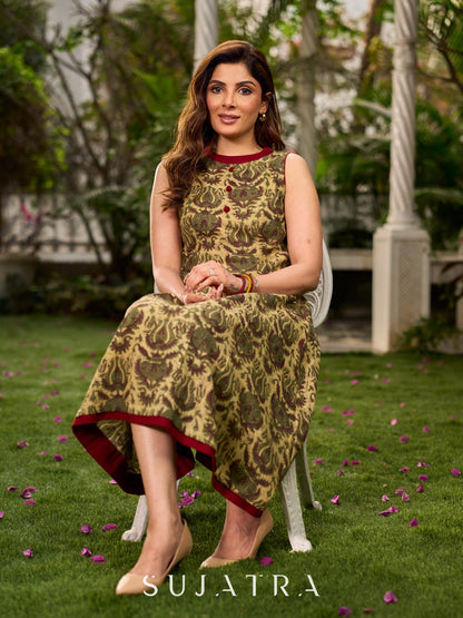 Graceful natural-printed halter dress elevated with subtle maroon highlights.