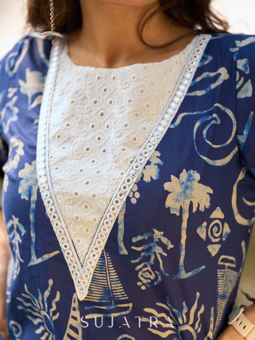 Indigo Statement Kurta with Intricate Hakoba Panel and Delicate Mirror Work