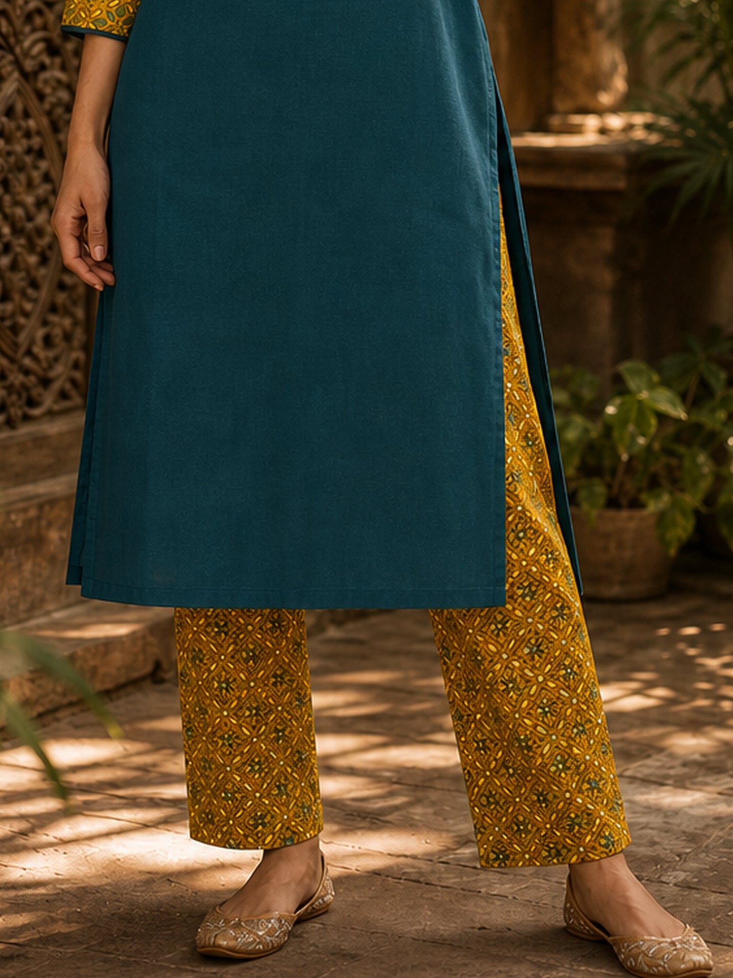 Elegant Mustard Ajrakh Cotton Straight Pant