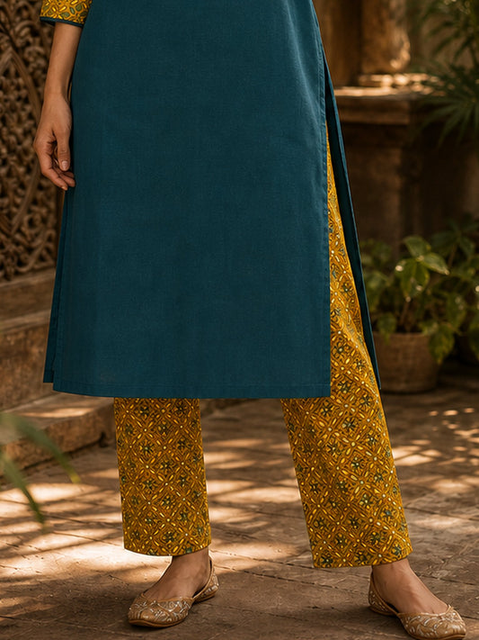 Elegant Mustard Ajrakh Cotton Straight Pant
