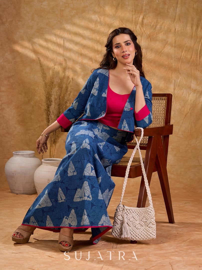 Deep indigo A-line skirt with vibrant magenta accents, offering a flattering, fluid silhouette with clean structure and a refined, versatile look for effortless everyday styling.