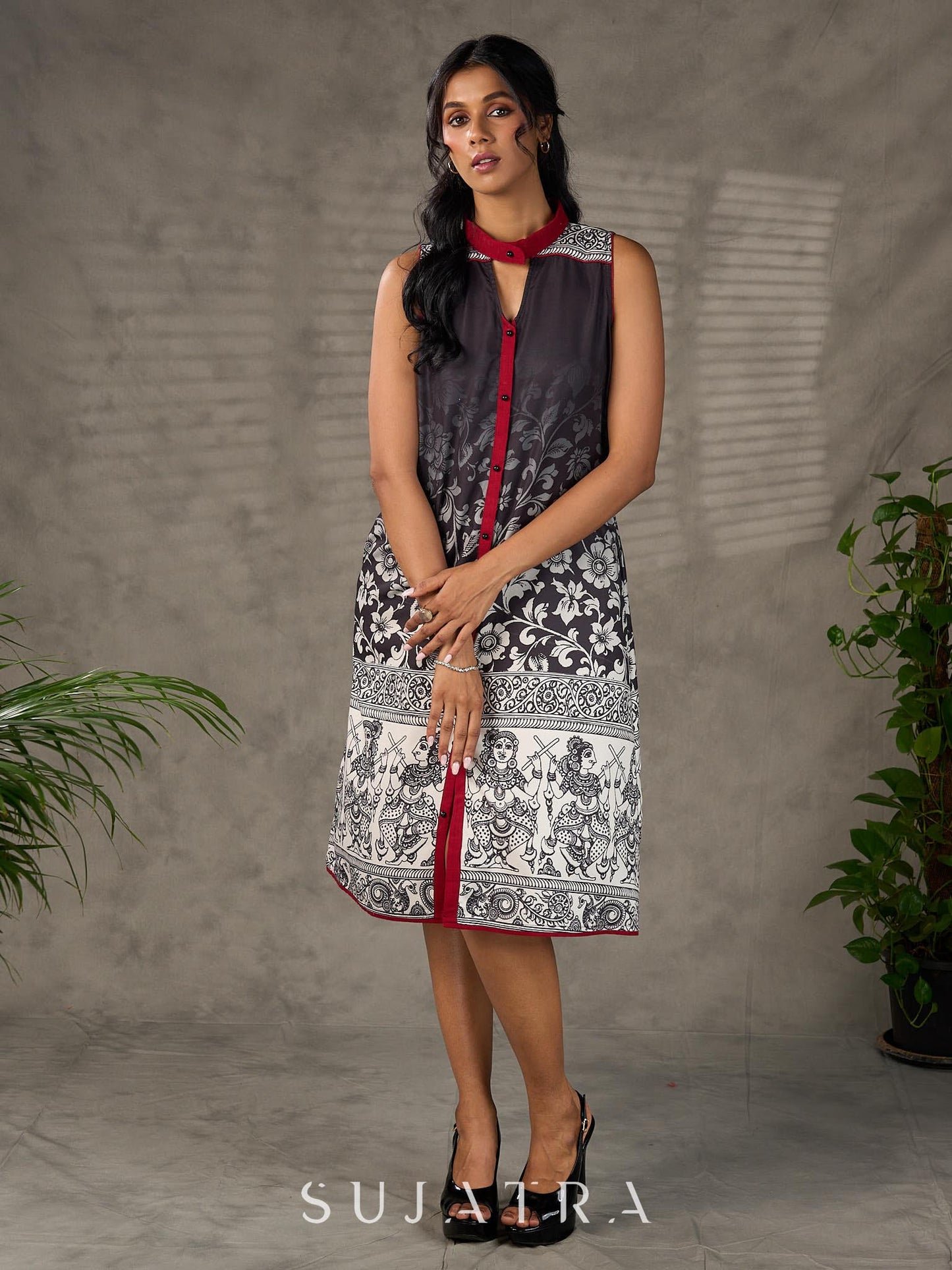 Black and maroon ombré Kalamkari inspired motif printed shirt dress with slit mandarin collar and maroon accents