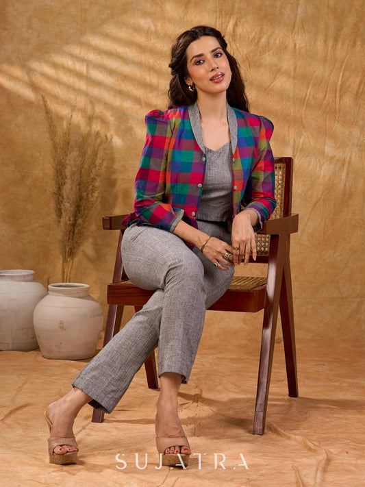 Polished Madras check handloom cotton jacket featuring a grey shawl collar and coordinated accents, creating a clean, tailored silhouette with timeless character for elevated corporate wear.