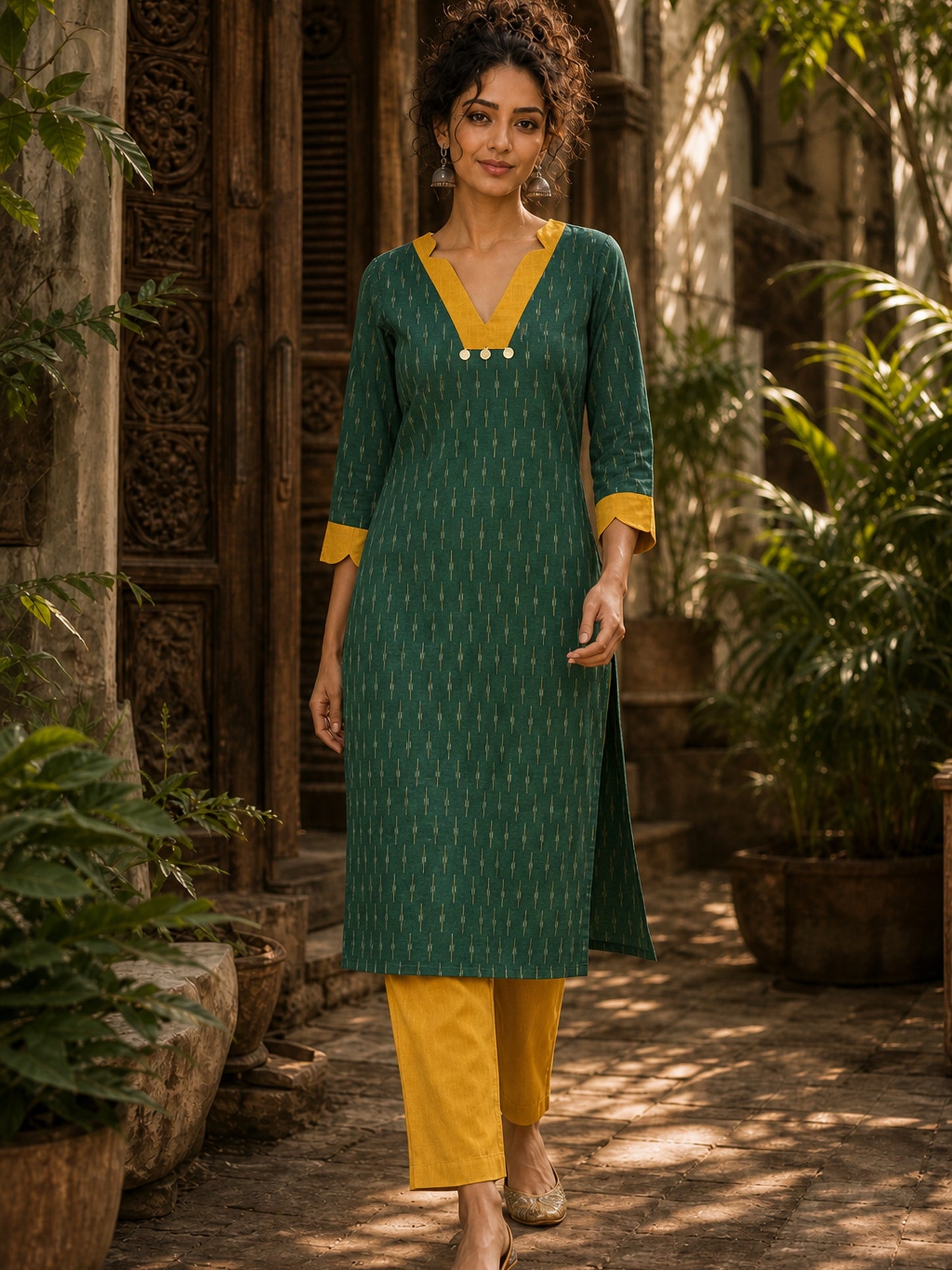 Classic Green Ikat Cotton Straight Kurta with Contrast Mustard V-Neckline & Scalloped Cuff Band